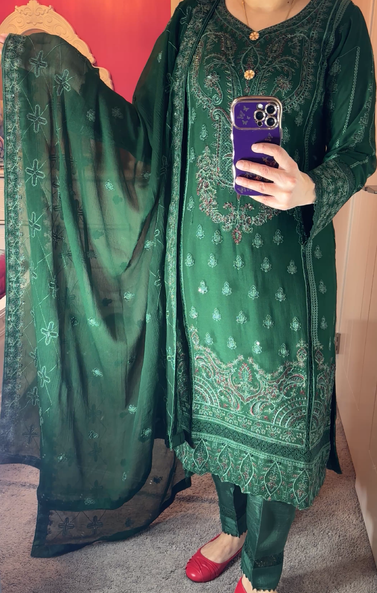 Agha Noor Inspired Chiffon Green 3-Piece Suit