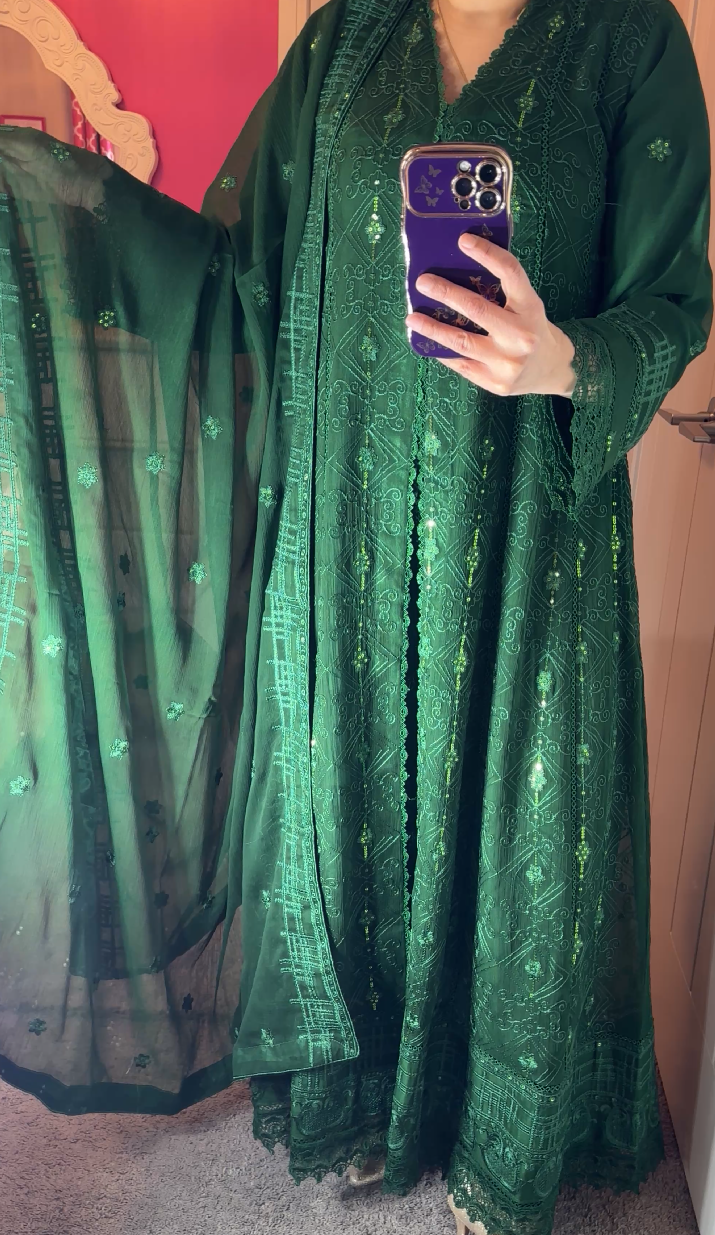 Agha Noor Inspired Chiffon Green Maxi Dress