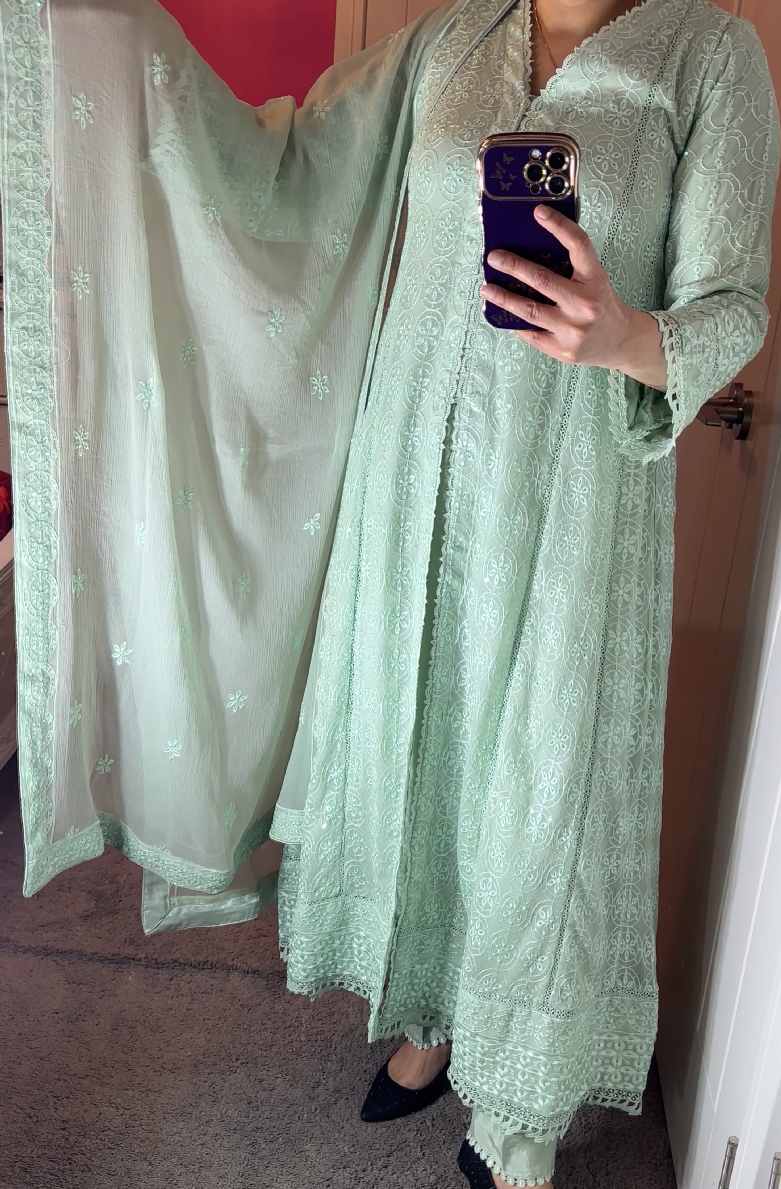 Agha Noor Inspired Chiffon Light Green Maxi Dress