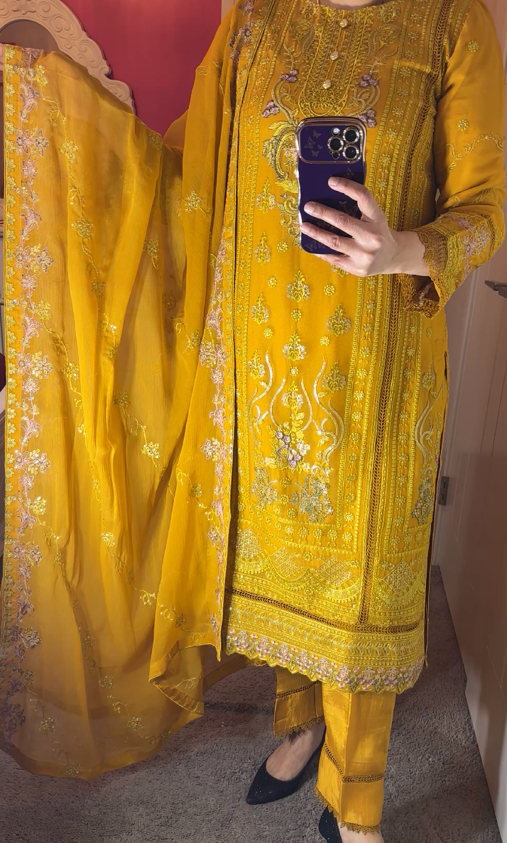Agha Noor Inspired Chiffon Mustard 3-Piece Suit