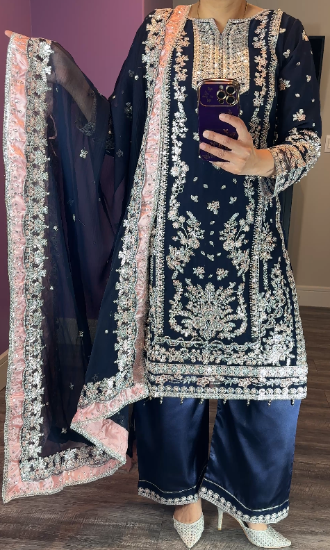 Aneela Inspired Chiffon Navy 3-Piece Suit