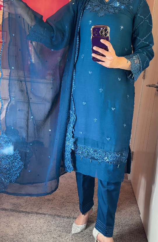 Azure Inspired Chiffon Blue 3-Piece Suit