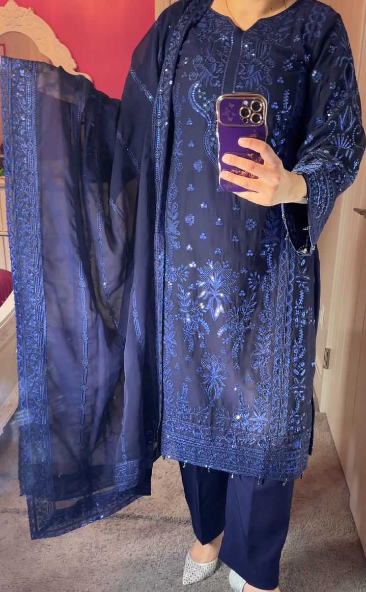 Azure Inspired Chiffon Navy 3-Piece Suit