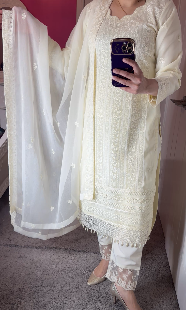 Azure Inspired Chiffon Off-White 3-Piece Suit