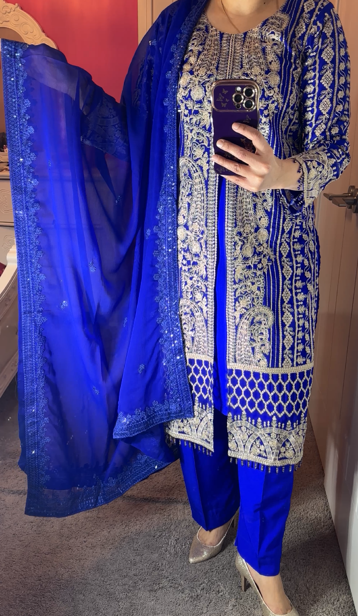 Azure Inspired Chiffon Royal Blue 3-Piece Suit