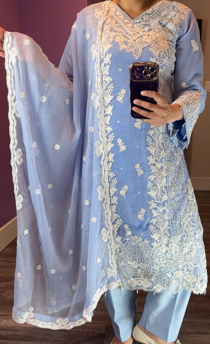 Azure Inspired Chiffon Sky Blue 3-Piece Suite