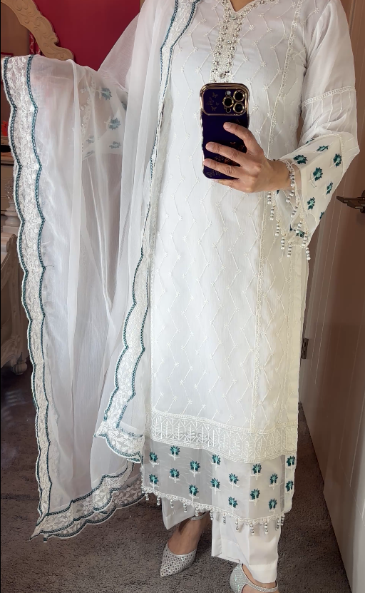 Azure Inspired Chiffon White 3-Piece Suit