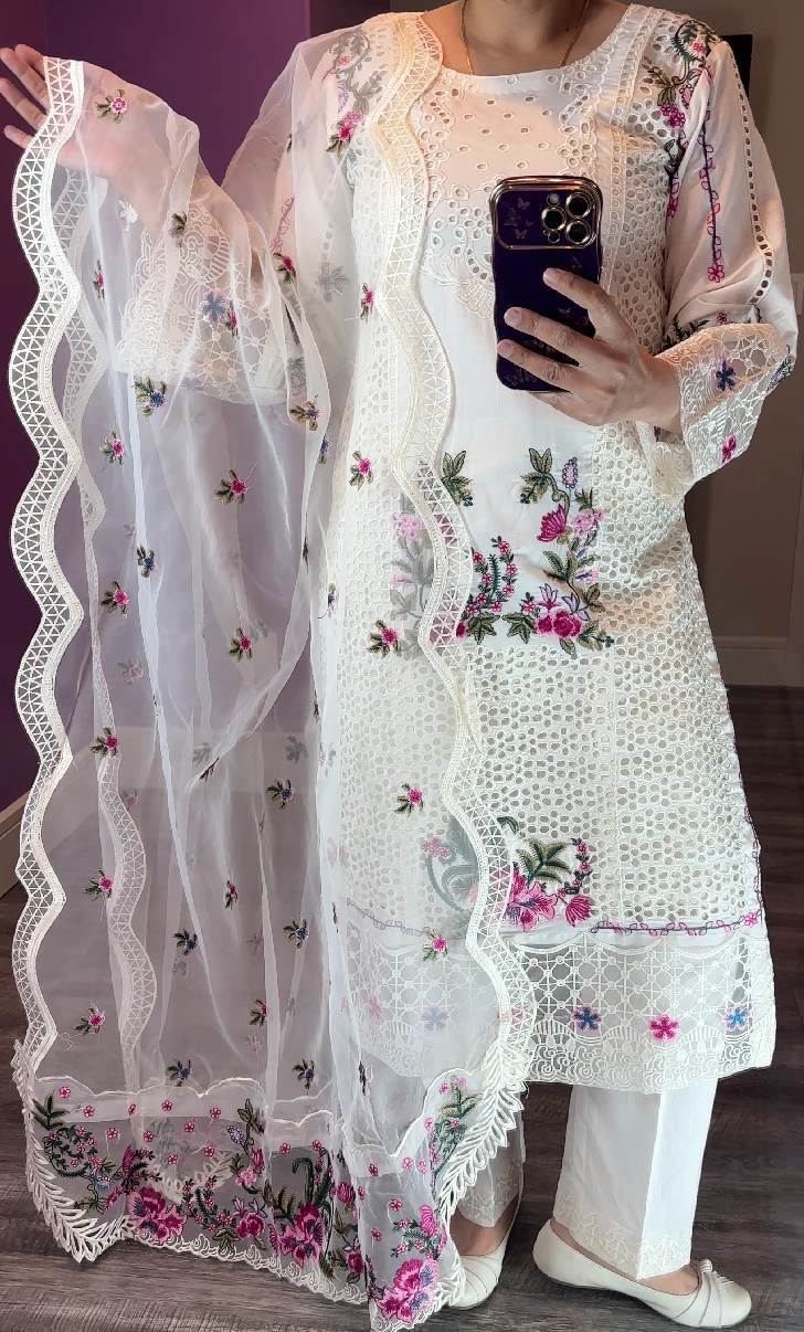 Qalamkar Inspired Cotton White 3-Piece Suit