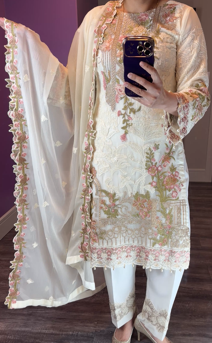 Ramsha Inspired Chiffon Off-White 3-Piece Suit