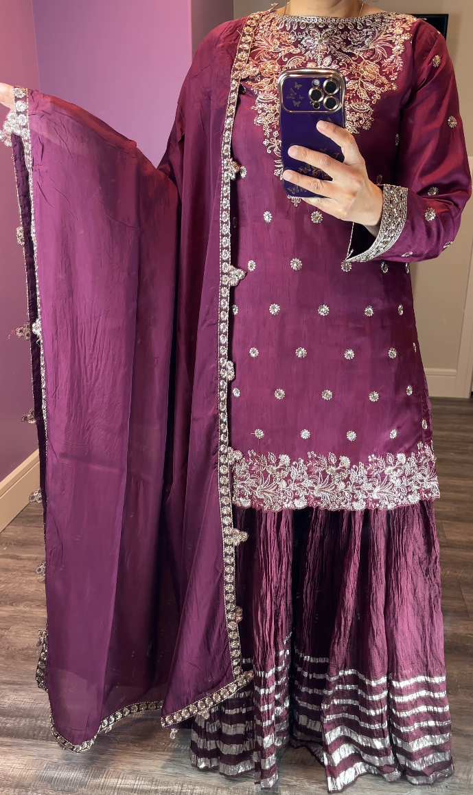 Zarqun Original Silk Burgundy 3-Piece (Sharara) Suit