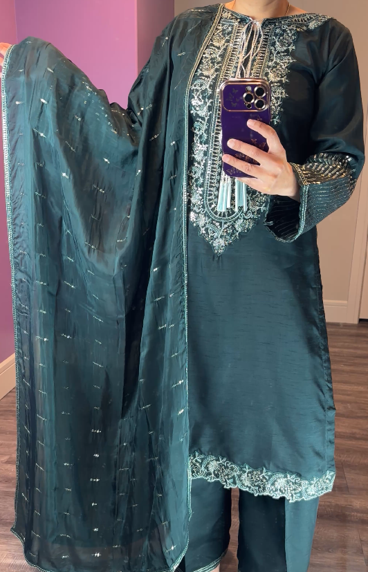 Zarqun Original Silk Dark Green 3-Piece Suit