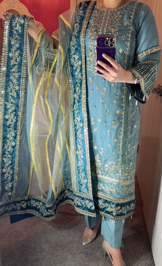 Charizma Inspired Chiffon Green 3-Piece Suit