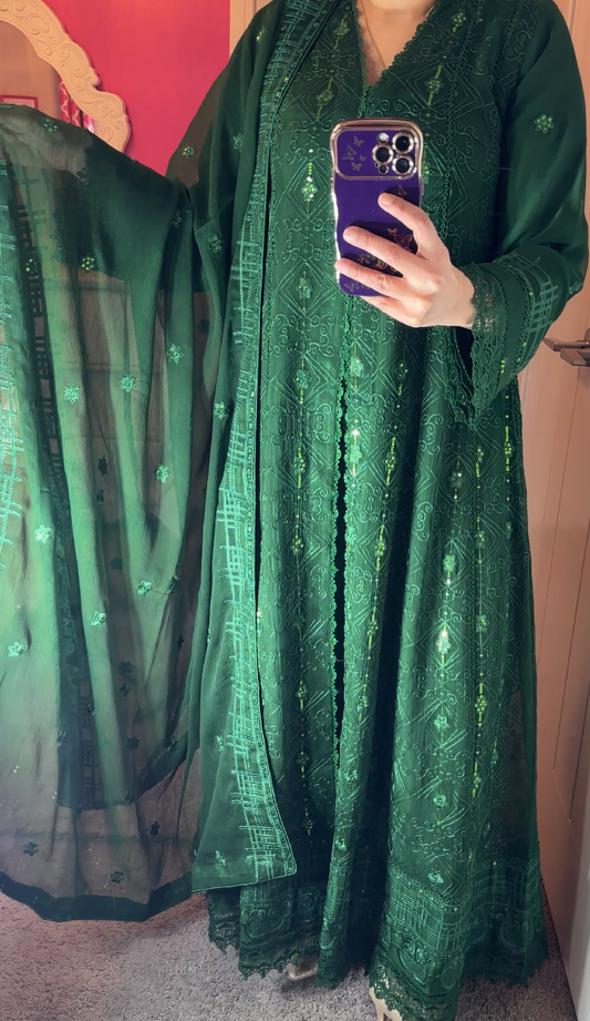 Agha Noor Inspired Chiffon Green Maxi Dress