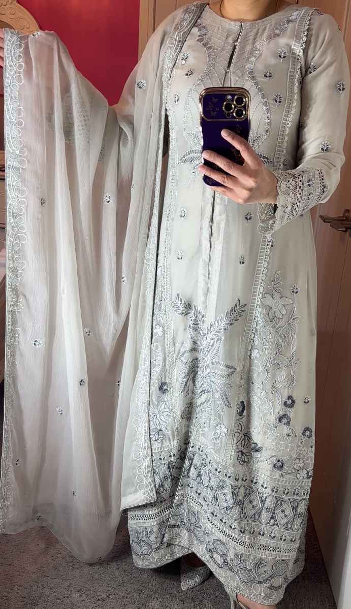 Agha Noor Inspired Chiffon Light Grey Maxi Dress