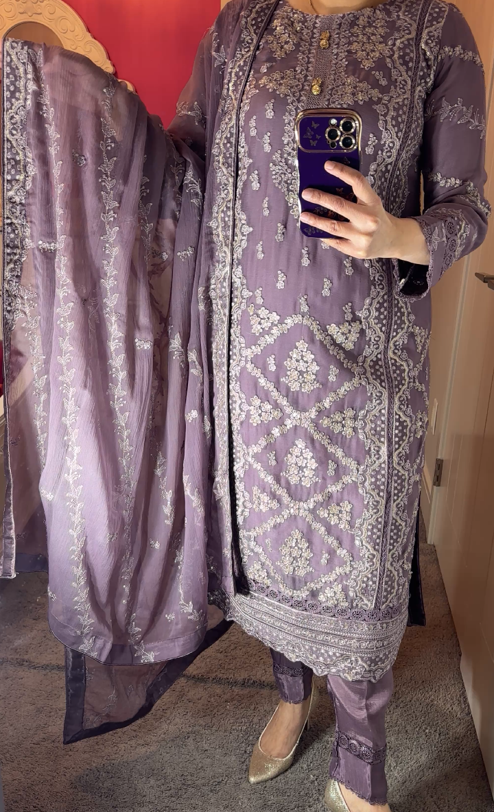 Agha Noor Inspired Chiffon Purple 3-Piece Suit