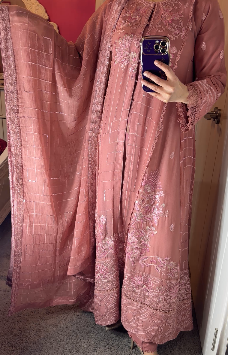 Agha Noor Inspired Chiffon Tea Pink Maxi Dress