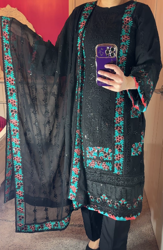 Aneela Inspired Chiffon Black 3-Piece Suit