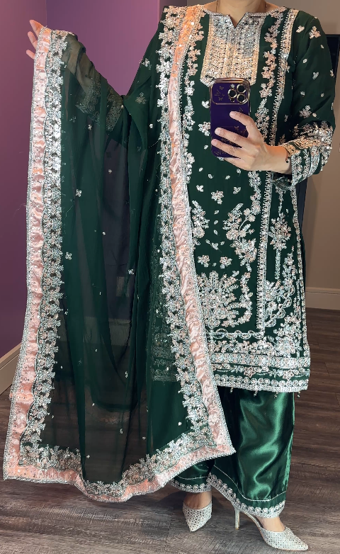 Aneela Inspired Chiffon Forest Green 3-Piece Suit
