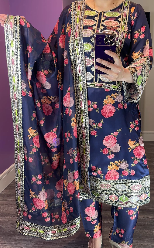 Aneela Inspired Silk Navy 3-Piece Suit