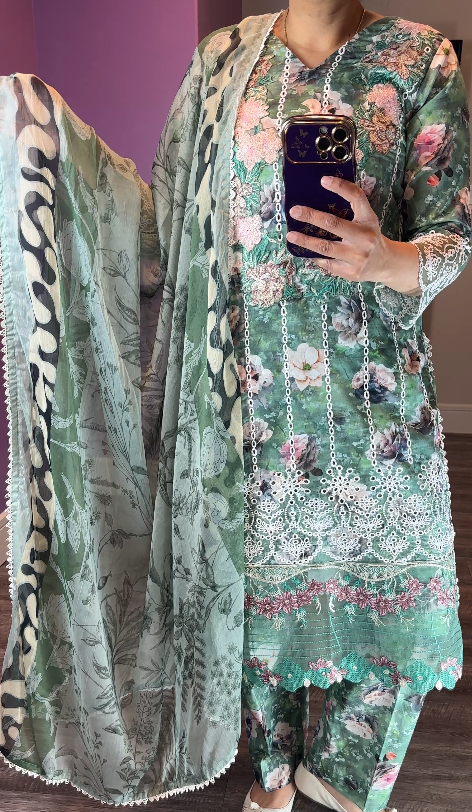 Asifa & Nabeel Inspired Lawn Green 3-Piece Suit