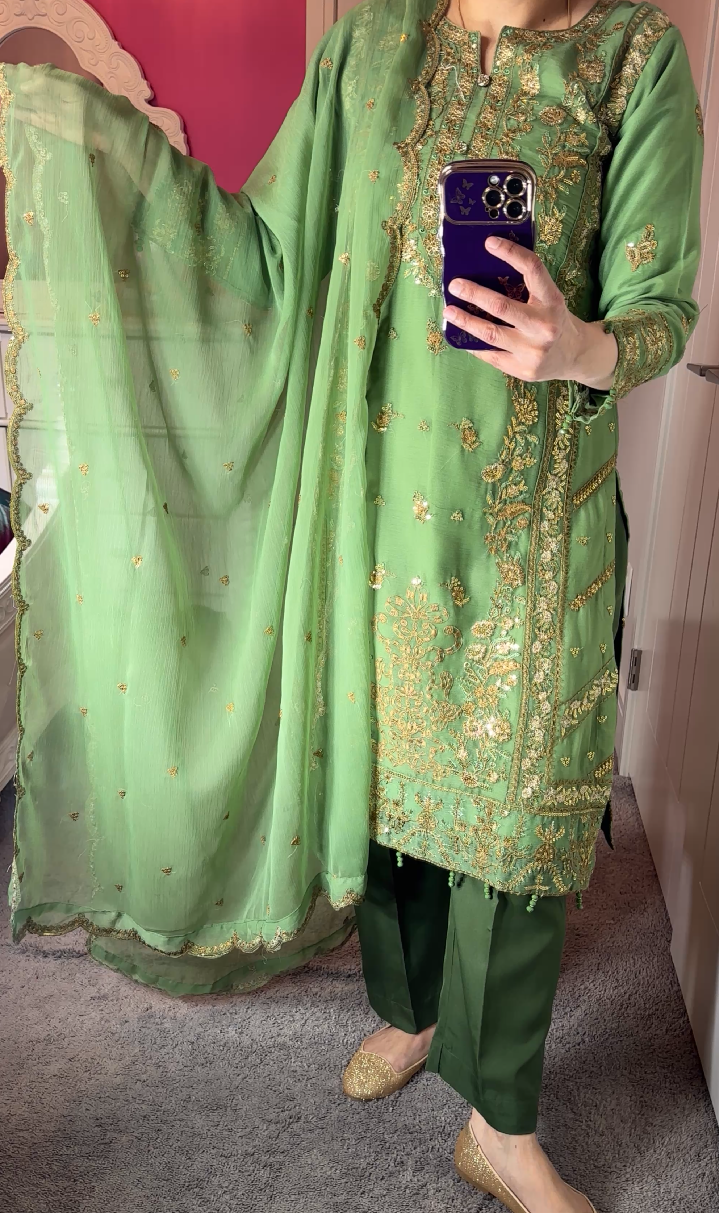Asim Jofa Inspired Chiffon Green 3-Piece Suit