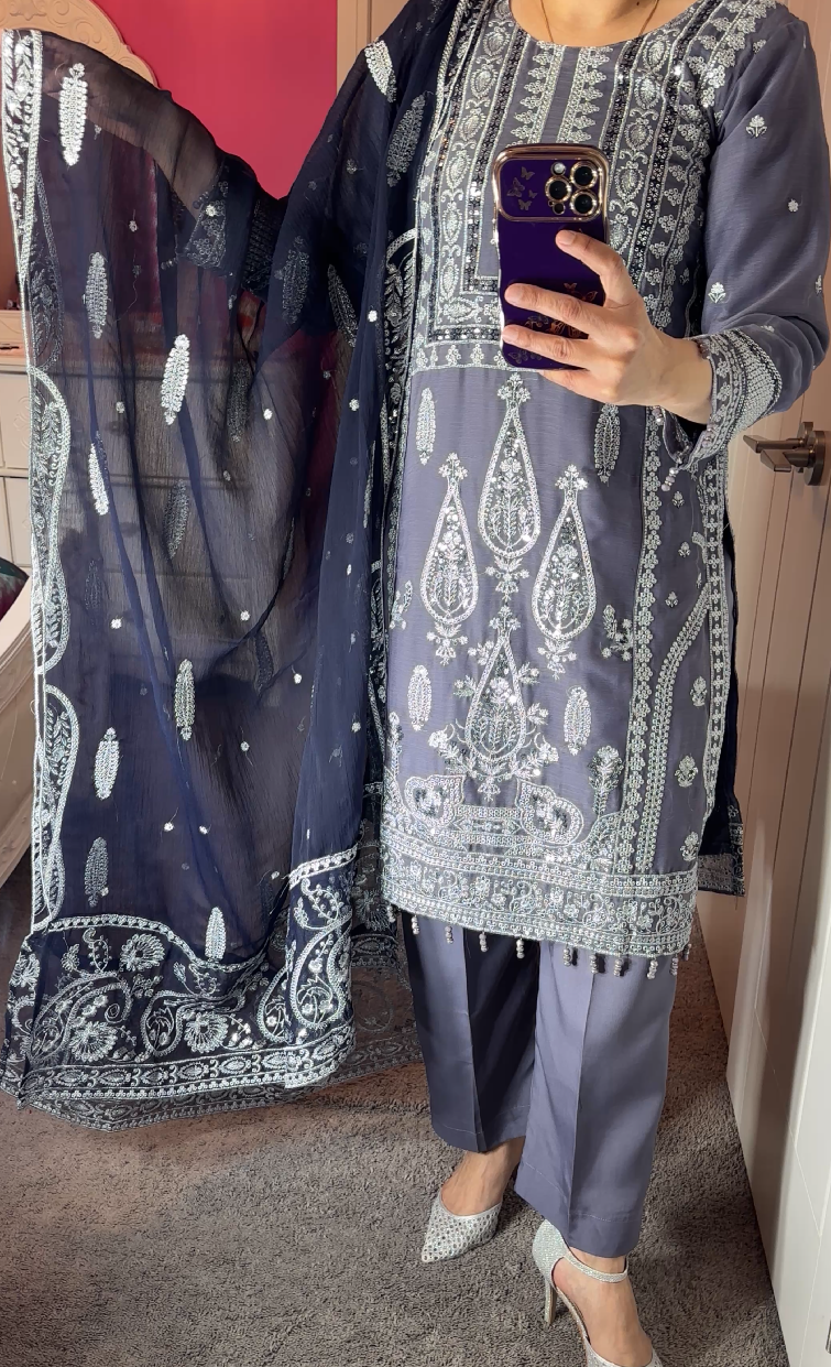 Asim Jofa Inspired Chiffon Grey 3-Piece Suit