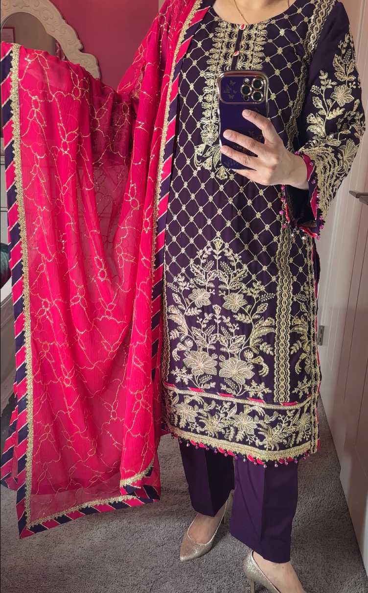 Asim Jofa Inspired Chiffon Purple 3-Piece Suit