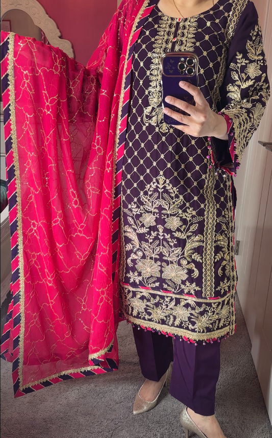 Asim Jofa Inspired Chiffon Purple 3-Piece Suit