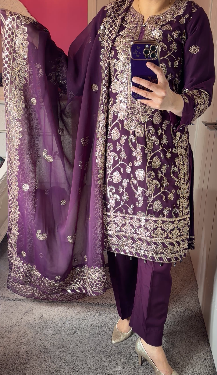 Asim Jofa Inspired Chiffon Purple 3-Piece Suit