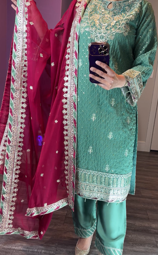 Asim Jofa Inspired Chiffon Sea Green 3-Piece Suit