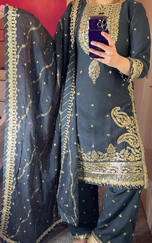Azure Inspired Chiffon Charcoal 3-Piece Suit