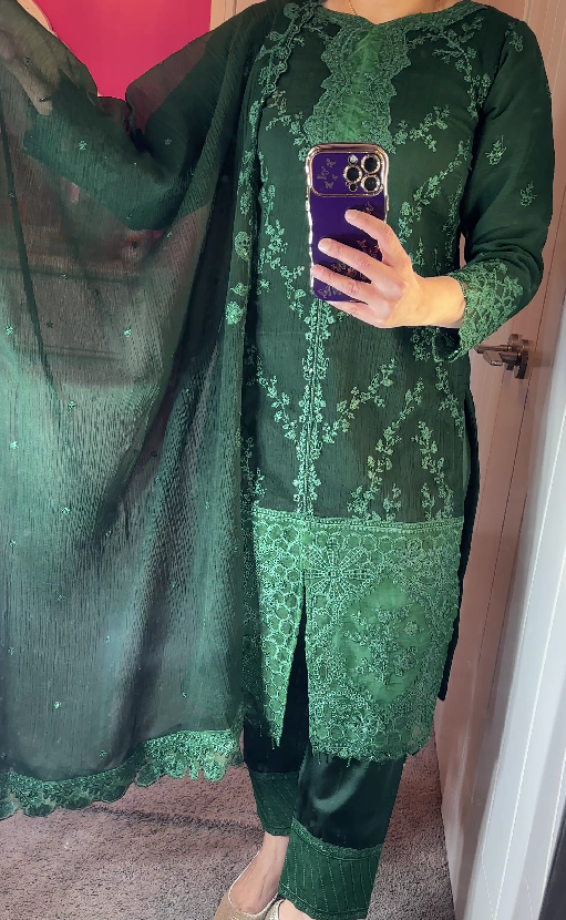 Azure Inspired Chiffon Forest Green 3-Piece Suit