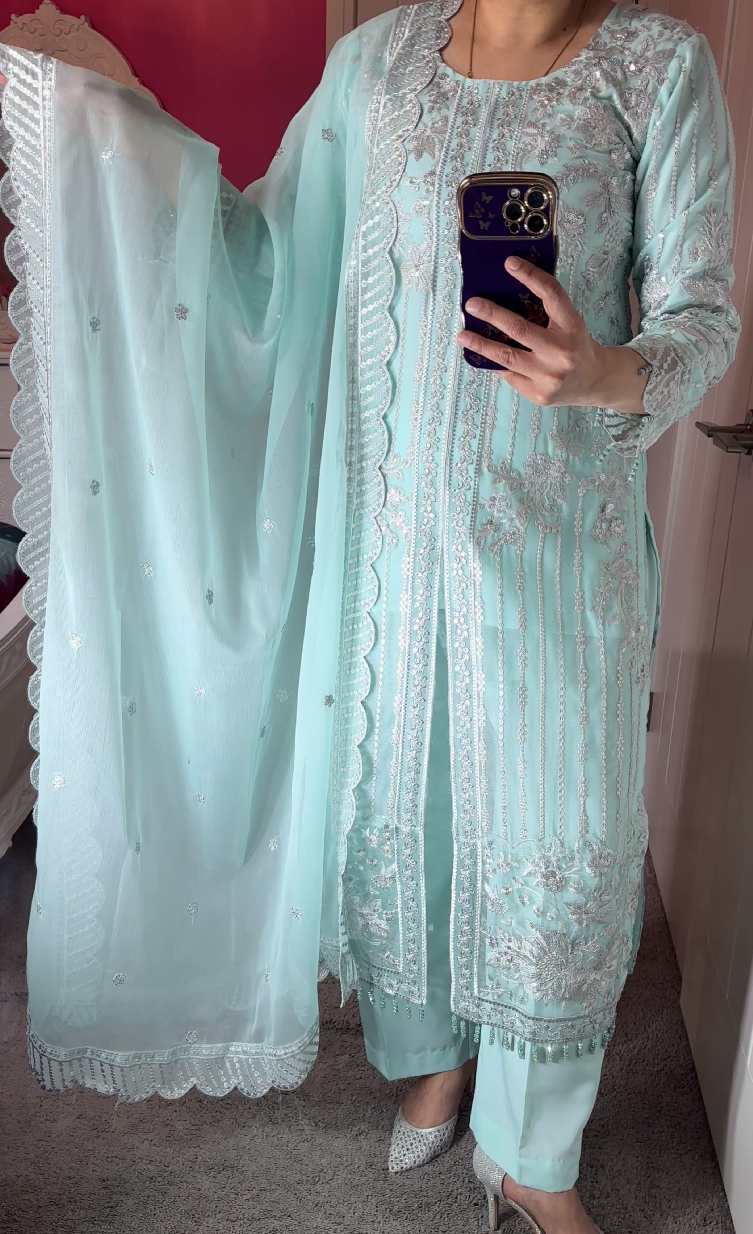 Azure Inspired Chiffon Light-Green 3-Piece Suit