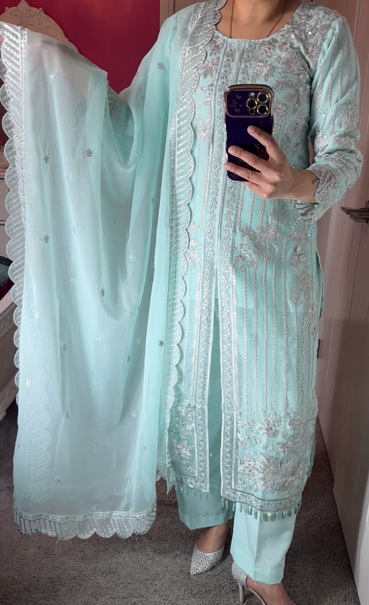 Azure Inspired Chiffon Light-Green 3-Piece Suit