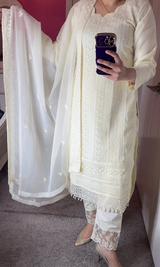Azure Inspired Chiffon Off-White 3-Piece Suit