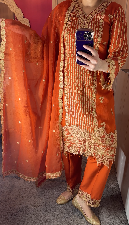 Azure Inspired Chiffon Rust (Orange) 3-Piece Suit