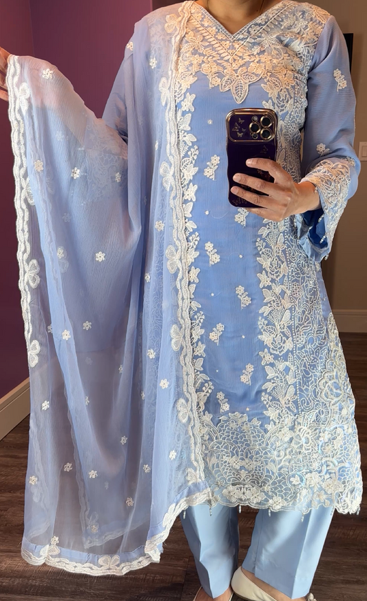 Azure Inspired Chiffon Sky Blue 3-Piece Suit