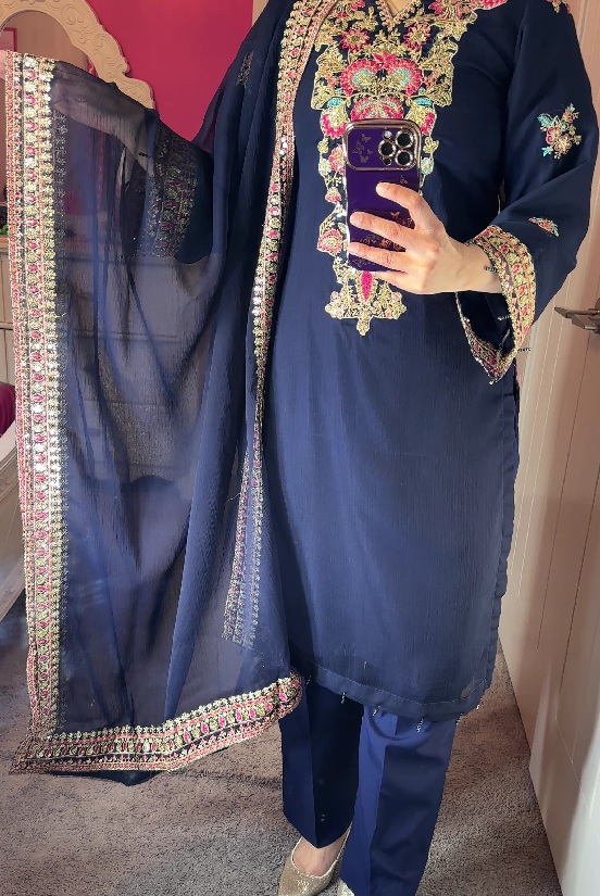 Baroque Inspired Chiffon Navy 3-Piece Suite