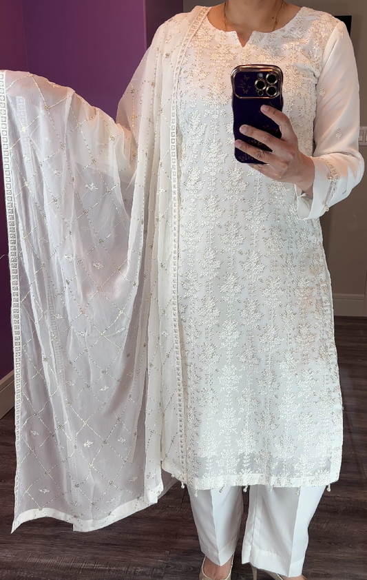 Baroque Inspired Chiffon White 3-Piece Suit