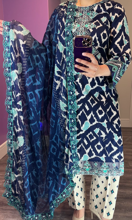 Baroque Inspired Lawn Blue 3-Piece Suit