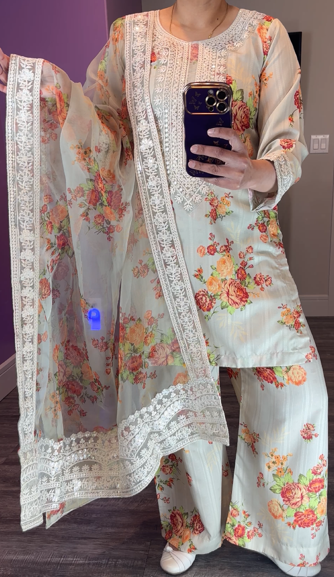 Cross Stitch Inspired Silk Light Grey 3-Piece Suit