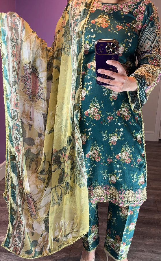 Elaf Inspired Lawn Forest Green 3-Piece Suit