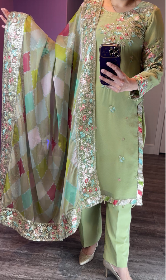 Farasha Inspired Chiffon Light Green 3-Piece Suit