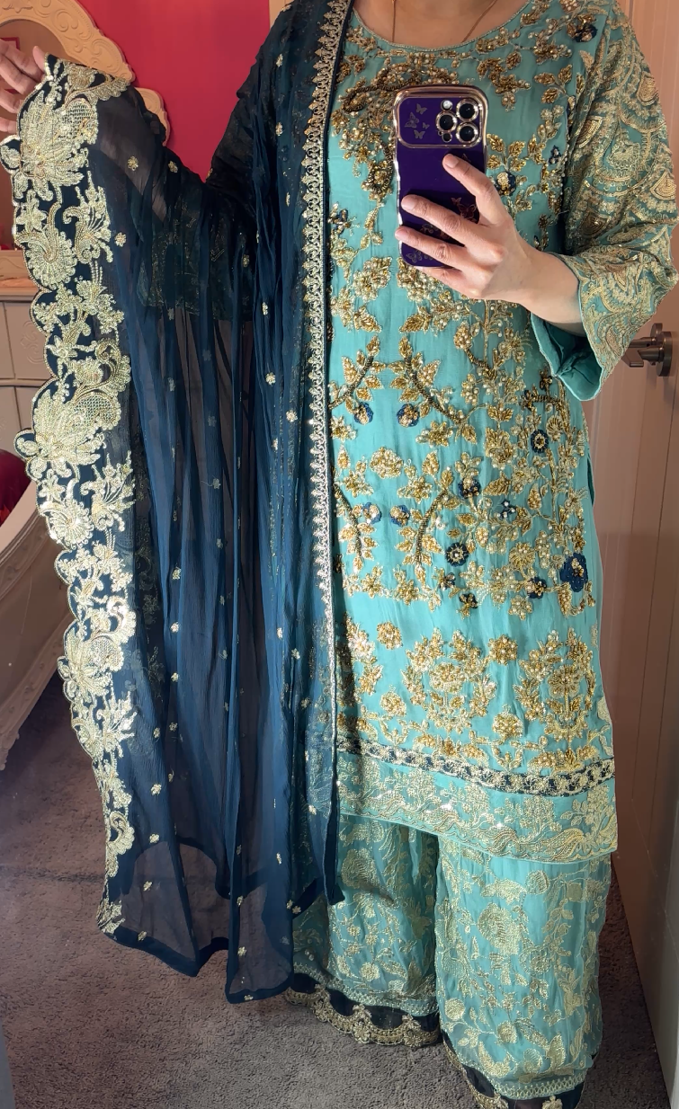 House of Khan Collection Chiffon Teal 3-Piece Sharara