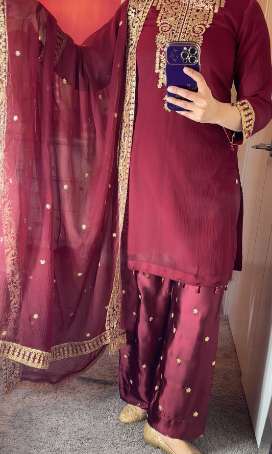 Iznik Inspired Chiffon Burgundy 3-Piece Suit