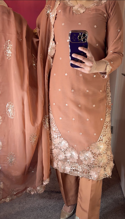 Iznik Inspired Chiffon Copper 3-Piece Suit