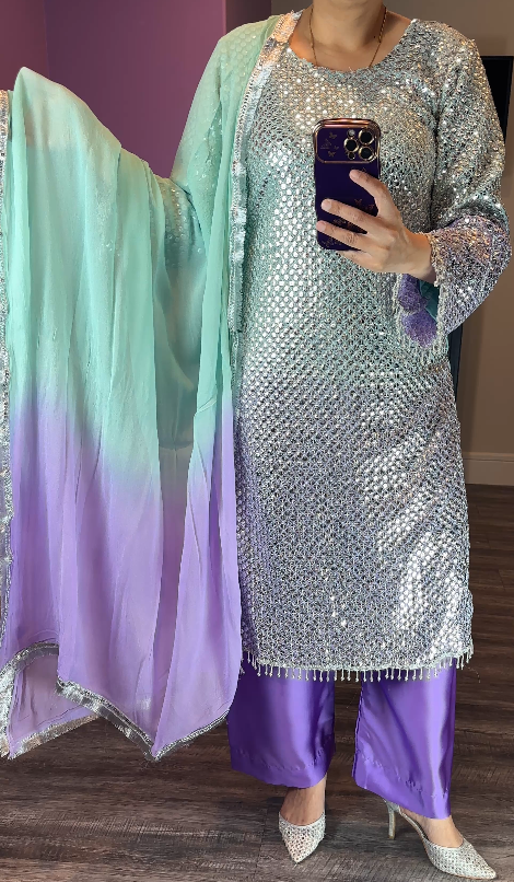 Laam Inspired Chiffon Aqua/Purple 3-Piece Suit