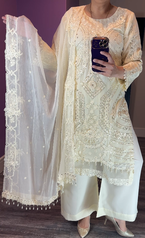 Maria B Inspired Chiffon Cream 3-Piece Suit