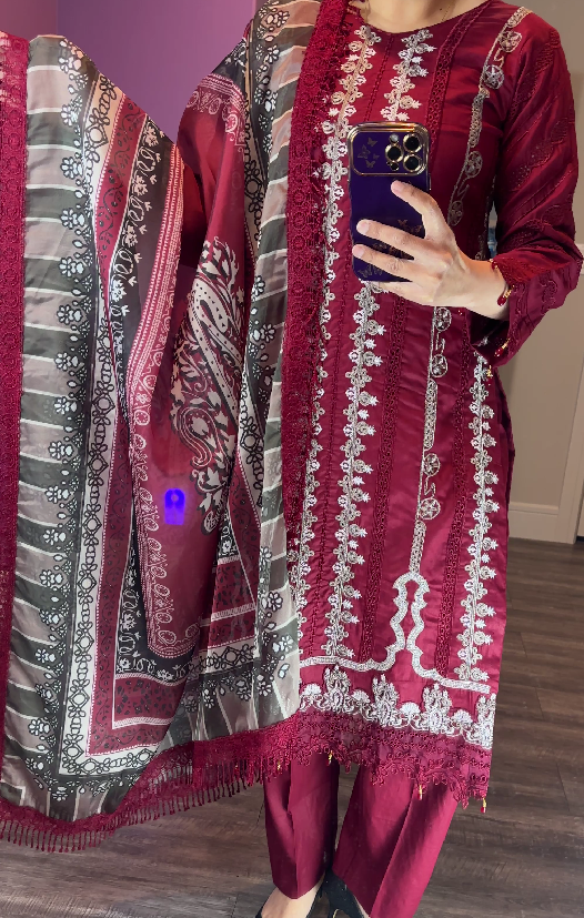 Maria B Inspired Lawn Burgundy 3-Piece Suit