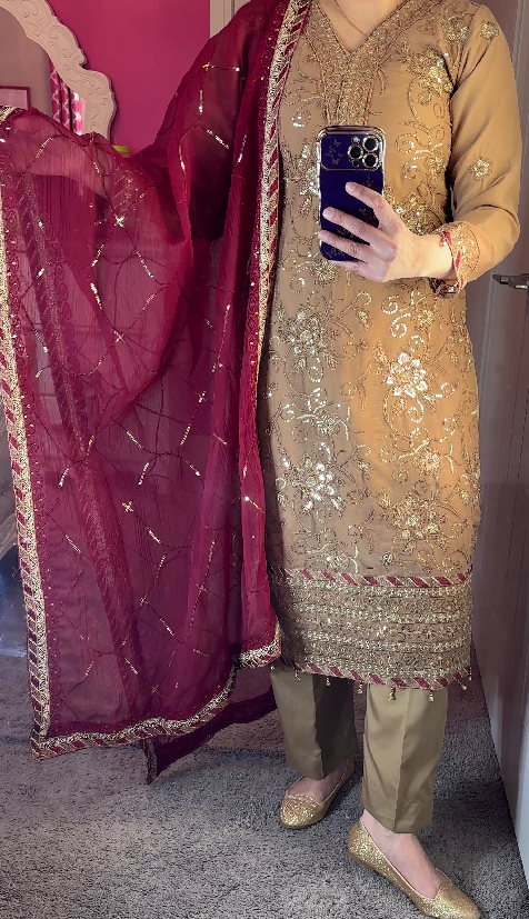 Noorma Inspired Chiffon Tan 3-Piece Suit